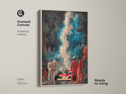 This white framed canvas presents abstract F1 racing art. Its contemporary artwork adds style to any space. A perfect Formula 1 fan present or unique car poster. The floating frame makes it ready to hang.