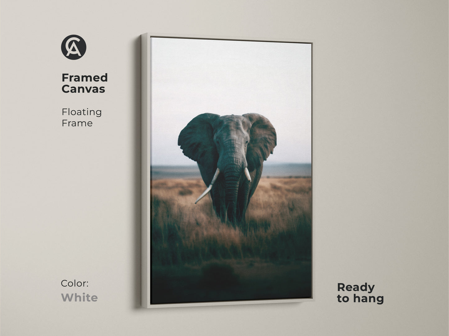 Framed canvas featuring an elephant with a floating white frame. The wildlife artwork showcases an African savanna nature scene. This ready-to-hang animal portrait enhances any decor. The natural landscape print is perfect for contemporary homes. A beautiful wall decor piece.