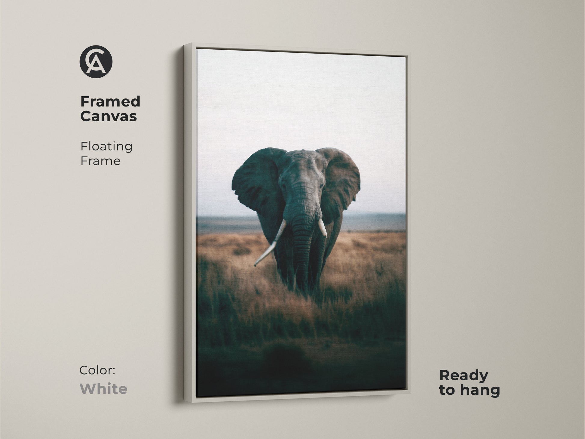 Framed canvas featuring an elephant with a floating white frame. The wildlife artwork showcases an African savanna nature scene. This ready-to-hang animal portrait enhances any decor. The natural landscape print is perfect for contemporary homes. A beautiful wall decor piece.