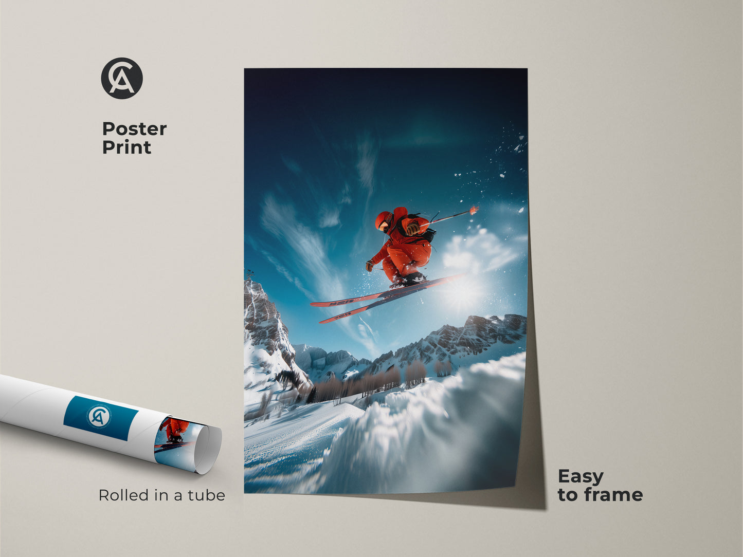 Poster print of a skier soaring through the air. This vibrant artwork arrives rolled in a tube for protection. Its easy to frame and display this dynamic piece. A great addition to any sports-themed room or office space. Enjoy the thrill of skiing.