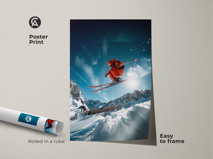 Poster print of a skier soaring through the air. This vibrant artwork arrives rolled in a tube for protection. Its easy to frame and display this dynamic piece. A great addition to any sports-themed room or office space. Enjoy the thrill of skiing.