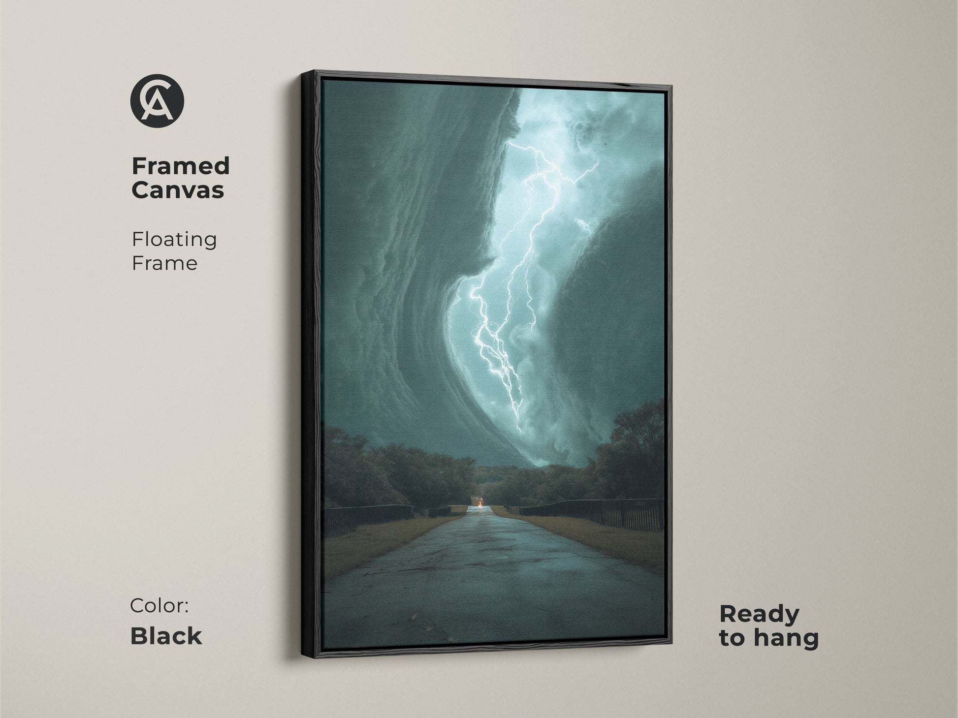 This framed canvas features a teal lightning storm with a black floating frame. It is ready to hang. The artwork captures a dramatic lightning strike over a road. This nature weather artwork print brings cinematic flair to any space. Perfect as travel themed home decor or modern office artwork.
