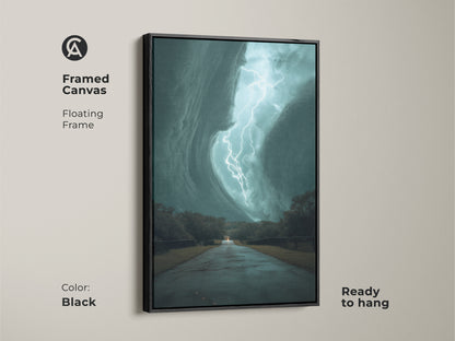 This framed canvas features a teal lightning storm with a black floating frame. It is ready to hang. The artwork captures a dramatic lightning strike over a road. This nature weather artwork print brings cinematic flair to any space. Perfect as travel themed home decor or modern office artwork.