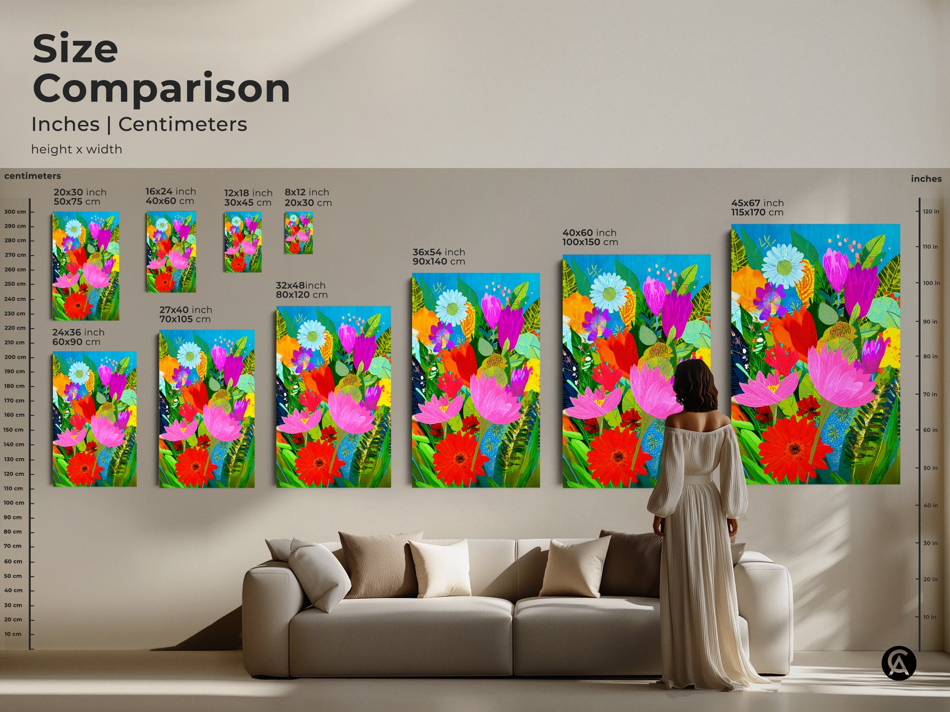 Size comparison of abstract floral art in inches and centimeters. Visualize the impact of 16x24 to 45x67 inch canvas prints. Perfect boho botanical art for any space. Transform your living room with colorful flowers and modern folk art.