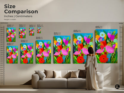 Size comparison of abstract floral art in inches and centimeters. Visualize the impact of 16x24 to 45x67 inch canvas prints. Perfect boho botanical art for any space. Transform your living room with colorful flowers and modern folk art.