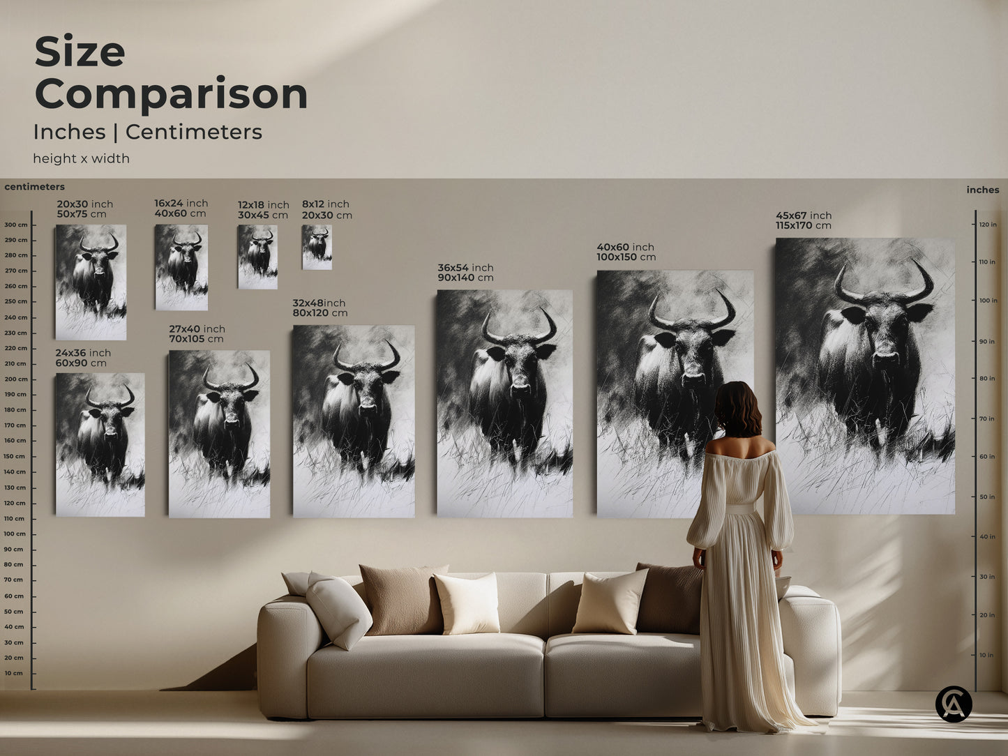 Size comparison of the buffalo charcoal sketch in inches and centimeters. View canvas and poster options. Sizes range from 16x24 to 45x67 inches. See the artwork's impact in a living room setting.