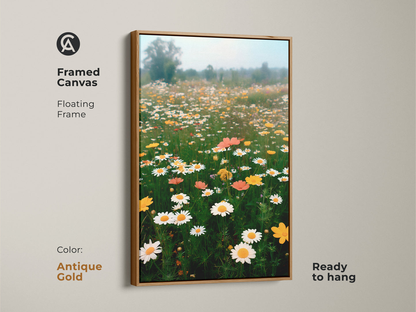 Antique gold framed canvas showing a serene daisy field. The impressionistic artwork brings a touch of elegance to your home. This botanical print is ready to hang. It's a great housewarming gift for plant lovers.