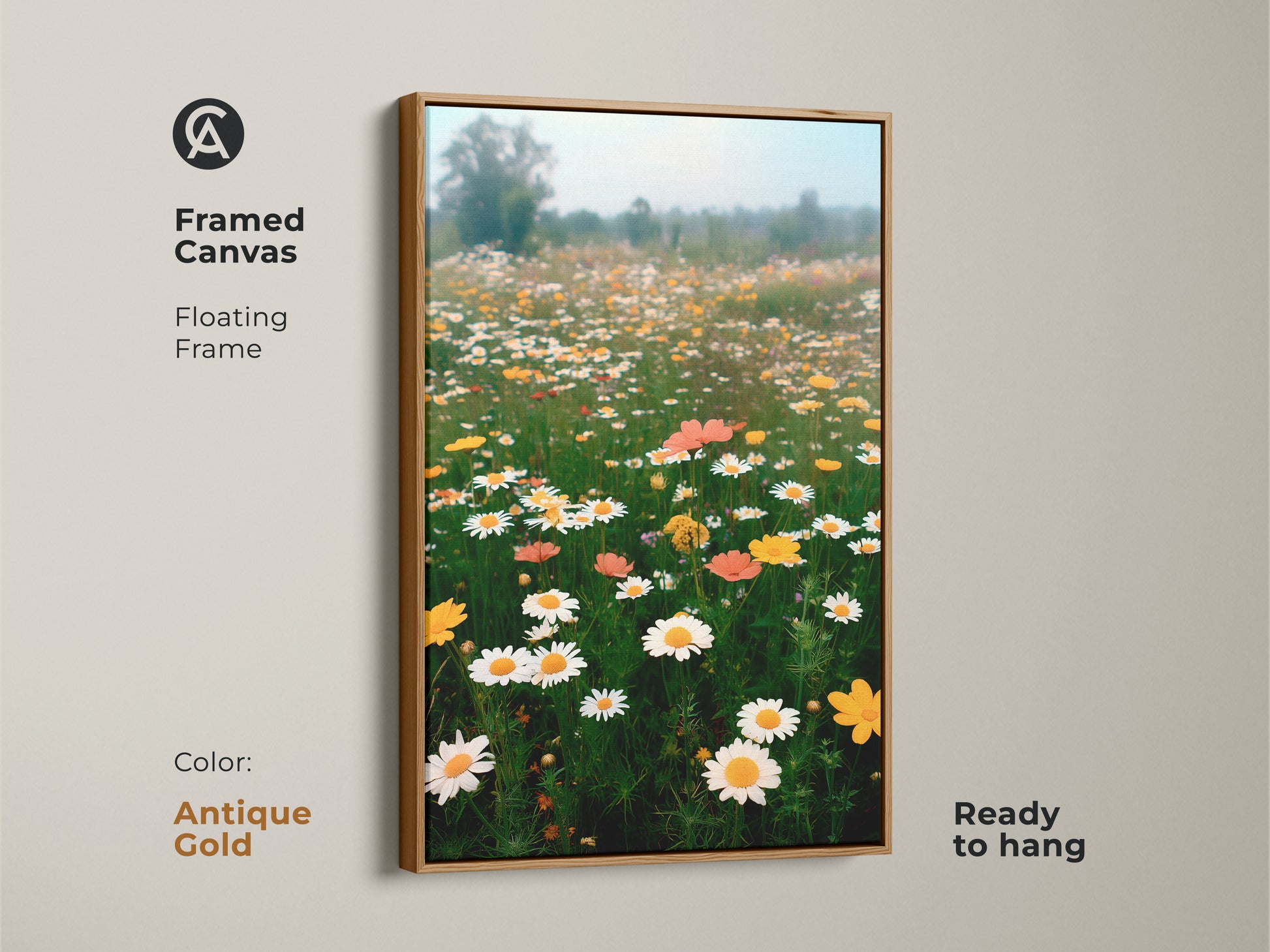 Antique gold framed canvas showing a serene daisy field. The impressionistic artwork brings a touch of elegance to your home. This botanical print is ready to hang. It's a great housewarming gift for plant lovers.