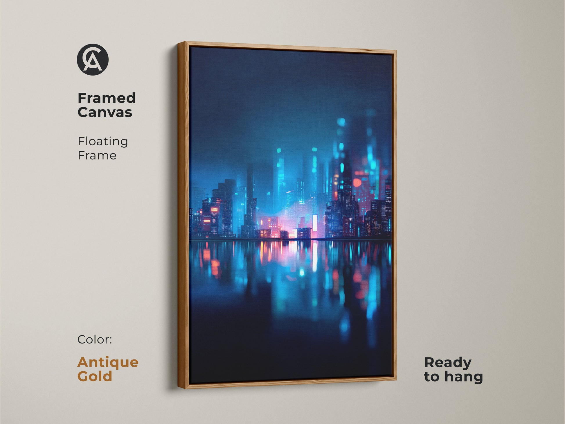 Framed canvas art with a floating frame in antique gold. The artwork features a neon cityscape reflecting on water. Ready to hang this piece adds a touch of luxury. Enhance your living space with this art.