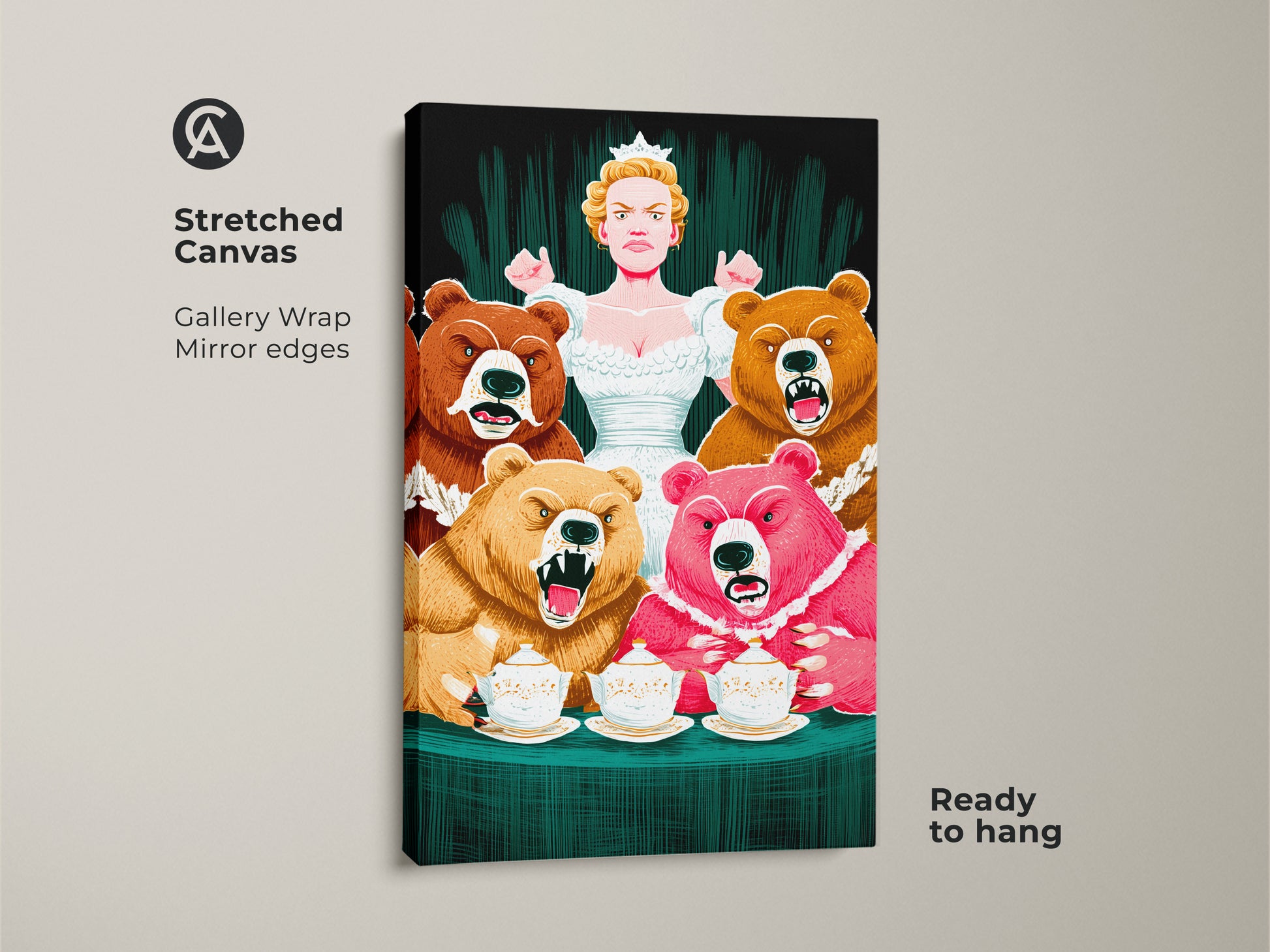 Stretched canvas of the Bear Queen art. The gallery wrapped canvas displays mirror edges. Ready to hang colorful fantasy artwork perfect for fairytale home decor. The Queen with bears artwork is ideal for study room or office.