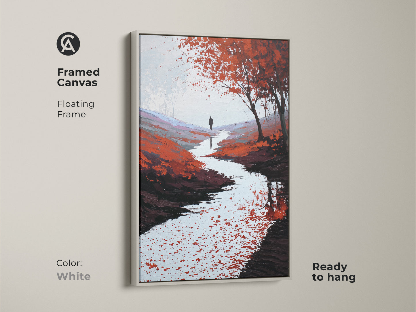 Framed canvas with a floating white frame. The nature scene print shows a lone walker. The red orange river canvas art adds color to any room. Perfect as modern home wall decor.