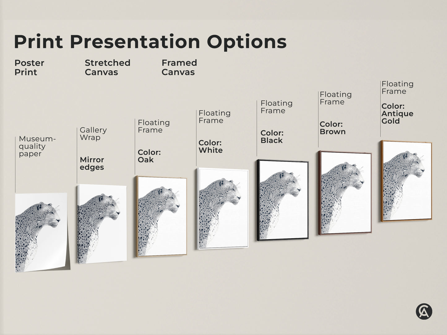 Explore print presentation options for leopard artwork. Choose from poster prints stretched canvas and framed canvas. Customize your wall decor with floating frame options. Select frame colors like oak white black brown or antique gold.