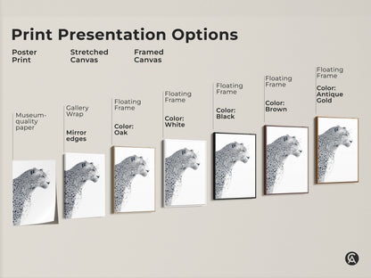 Explore print presentation options for leopard artwork. Choose from poster prints stretched canvas and framed canvas. Customize your wall decor with floating frame options. Select frame colors like oak white black brown or antique gold.