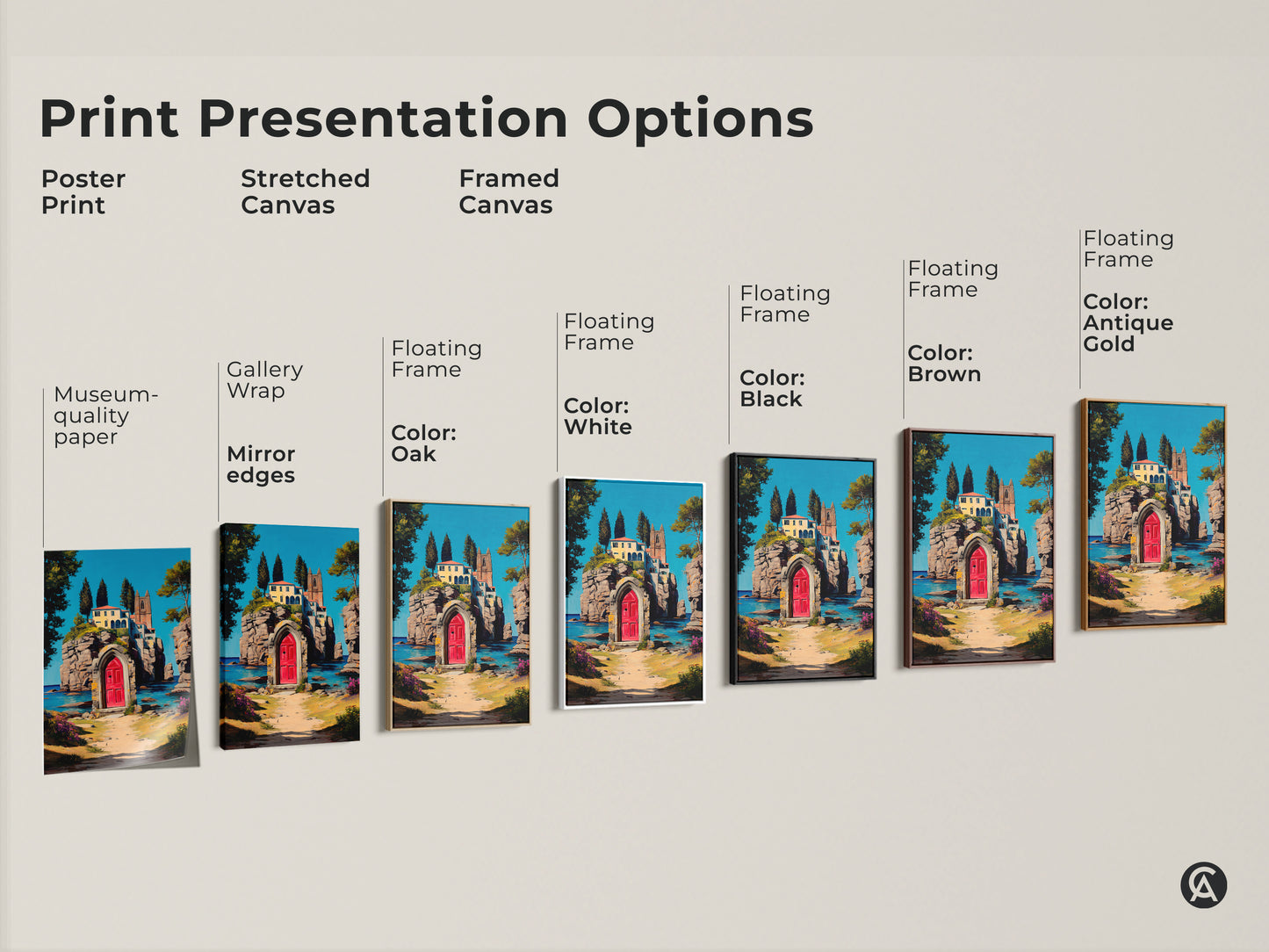 Explore print presentation options for a Mediterranean villa art print. Options include poster stretched and framed canvas. Each features a red door and teal blue sea in an impressionistic coastal scene. Museum-quality materials and various floating frame colors available.