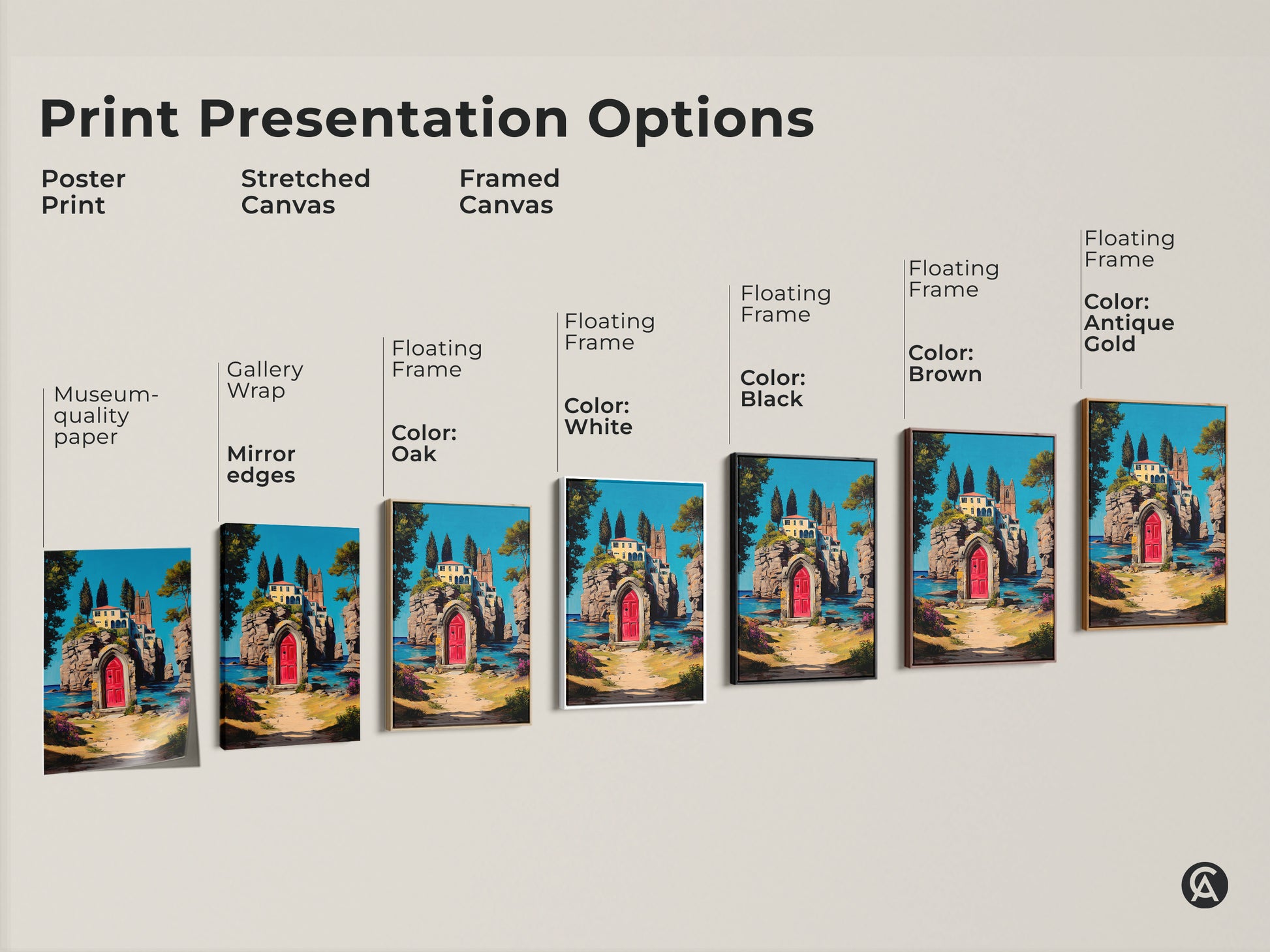 Explore print presentation options for a Mediterranean villa art print. Options include poster stretched and framed canvas. Each features a red door and teal blue sea in an impressionistic coastal scene. Museum-quality materials and various floating frame colors available.