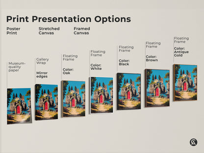 Explore print presentation options for a Mediterranean villa art print. Options include poster stretched and framed canvas. Each features a red door and teal blue sea in an impressionistic coastal scene. Museum-quality materials and various floating frame colors available.