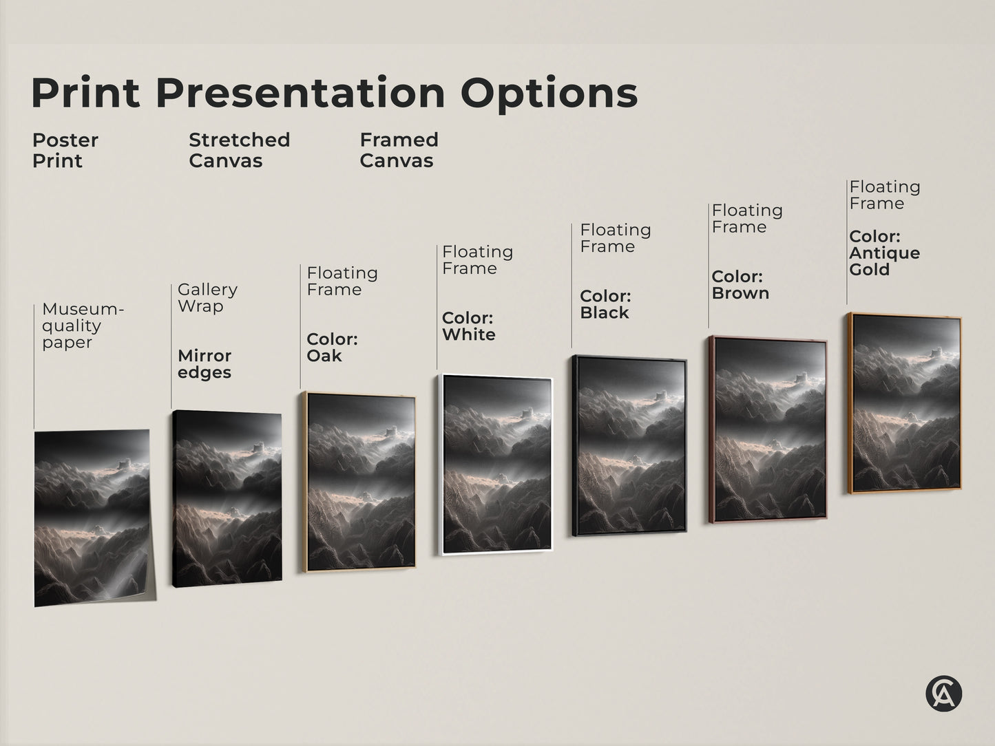 Explore print presentation options for abstract mountain line art. Choose from poster prints stretched canvas and framed canvas. The charcoal and pink clouds landscape is available in various frame colors. Find the perfect style for your home decor.