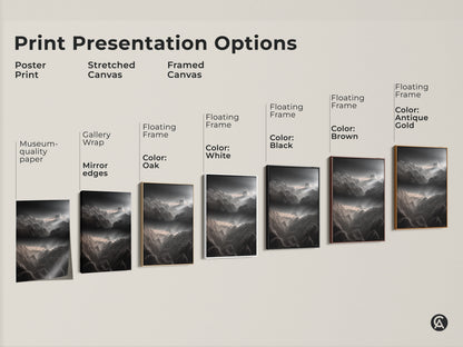 Explore print presentation options for abstract mountain line art. Choose from poster prints stretched canvas and framed canvas. The charcoal and pink clouds landscape is available in various frame colors. Find the perfect style for your home decor.