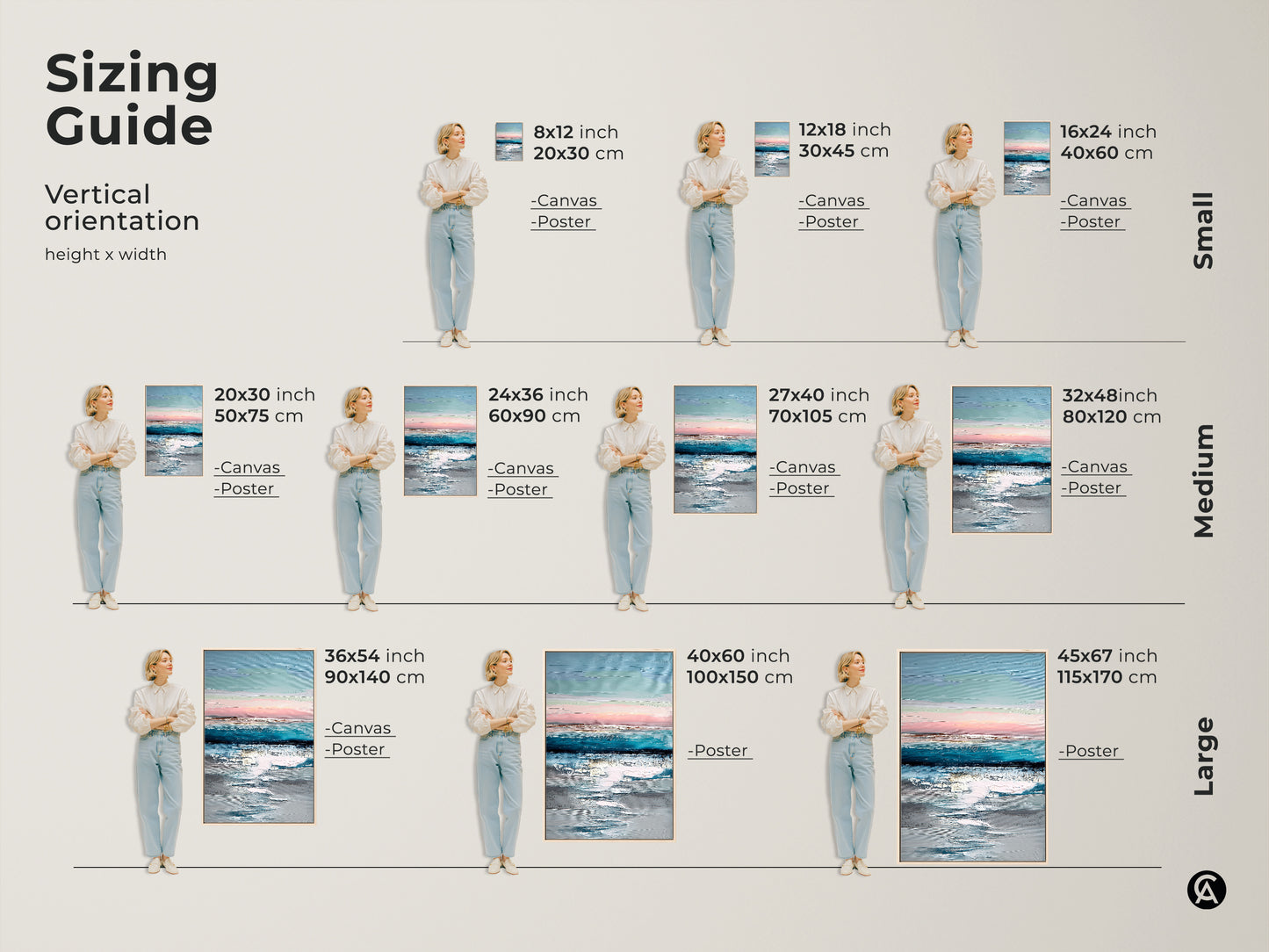 Sizing guide for vertical abstract coastal art prints. Available as canvas or poster in small medium and large sizes. See how teal blue and pink artwork fits different spaces. Enhance your modern bedroom decor with these contemporary prints.