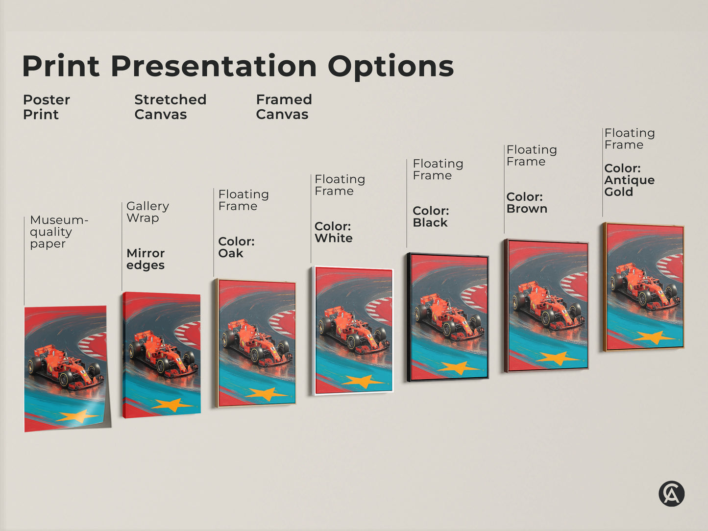 Explore various print presentation options. Choose between poster print stretched canvas or framed canvas. Each option showcases the dynamic red F1 car art. Perfect for motorsport office decor offering gallery wrap and floating frame choices.