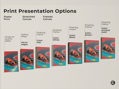 Explore various print presentation options. Choose between poster print stretched canvas or framed canvas. Each option showcases the dynamic red F1 car art. Perfect for motorsport office decor offering gallery wrap and floating frame choices.