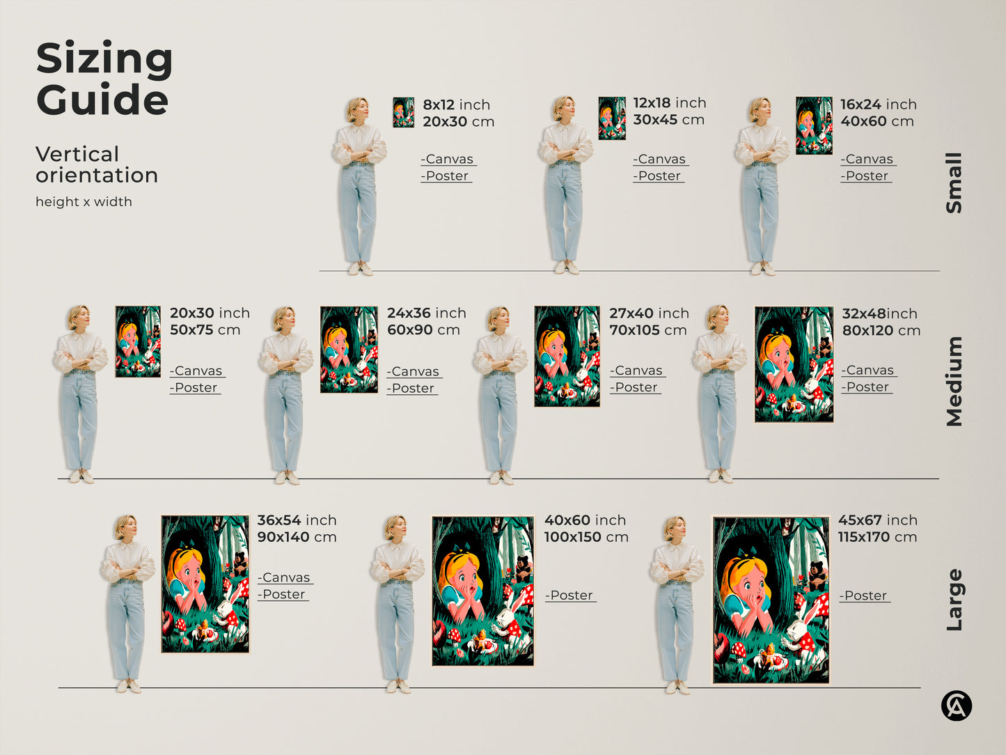 Find the perfect size for your Alice in Wonderland canvas or poster. This sizing guide helps you choose the best fit for your wall. Transform your space with whimsical animal art. This art is perfect as kids room art with a fairytale theme.