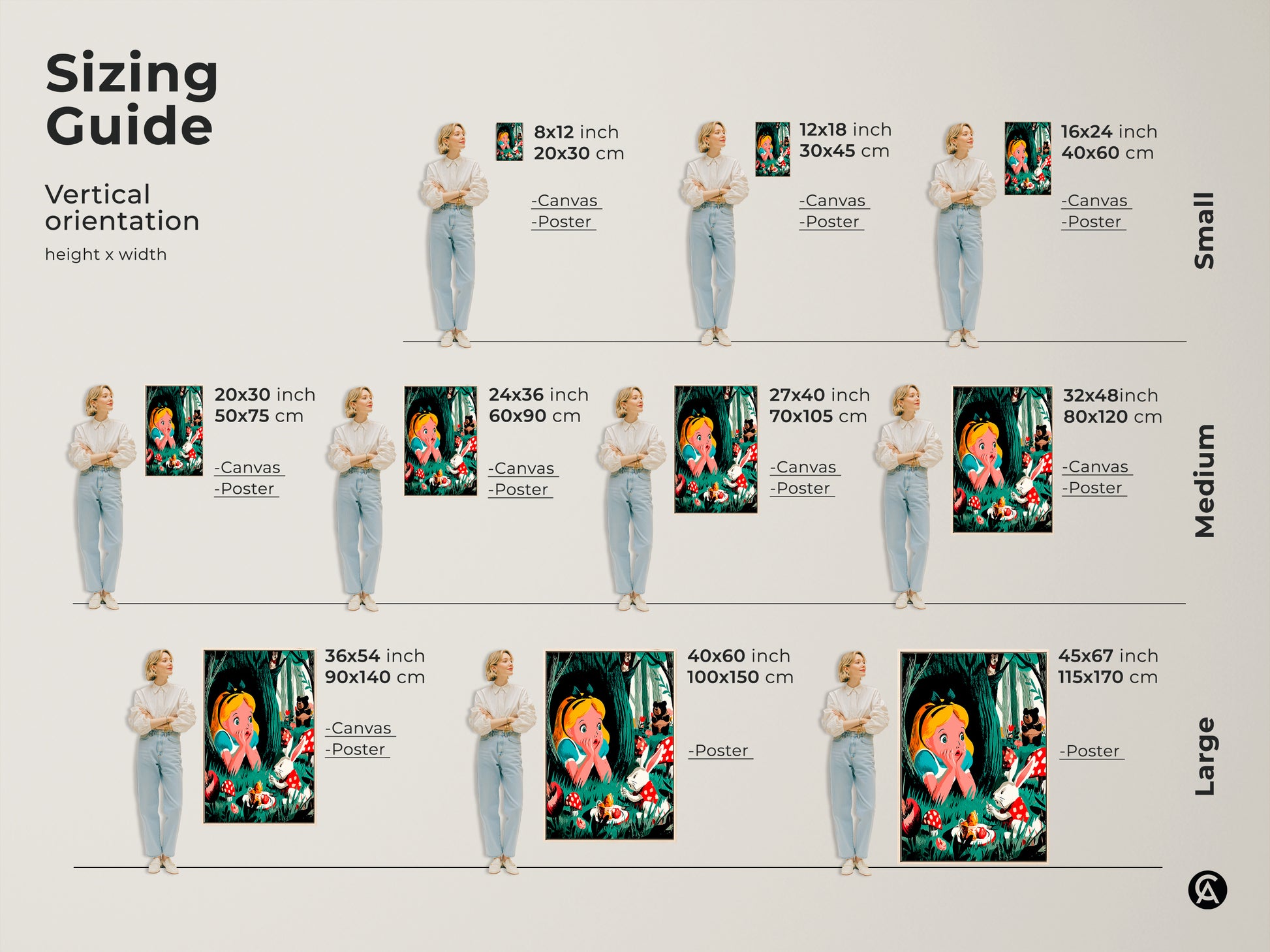 Find the perfect size for your Alice in Wonderland canvas or poster. This sizing guide helps you choose the best fit for your wall. Transform your space with whimsical animal art. This art is perfect as kids room art with a fairytale theme.