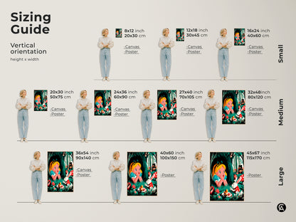 Find the perfect size for your Alice in Wonderland canvas or poster. This sizing guide helps you choose the best fit for your wall. Transform your space with whimsical animal art. This art is perfect as kids room art with a fairytale theme.