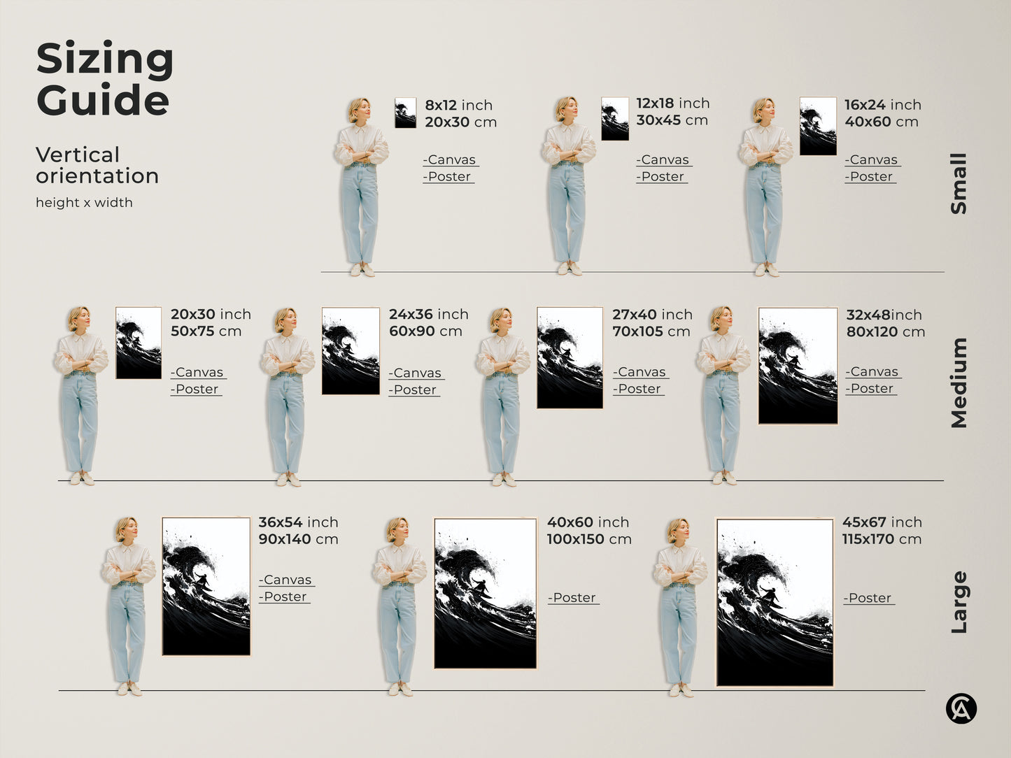 Sizing guide for vertical abstract surfer canvas and poster art. Visualize different sizes to perfectly fit your space. Find the ideal monochrome art for your home decor.
