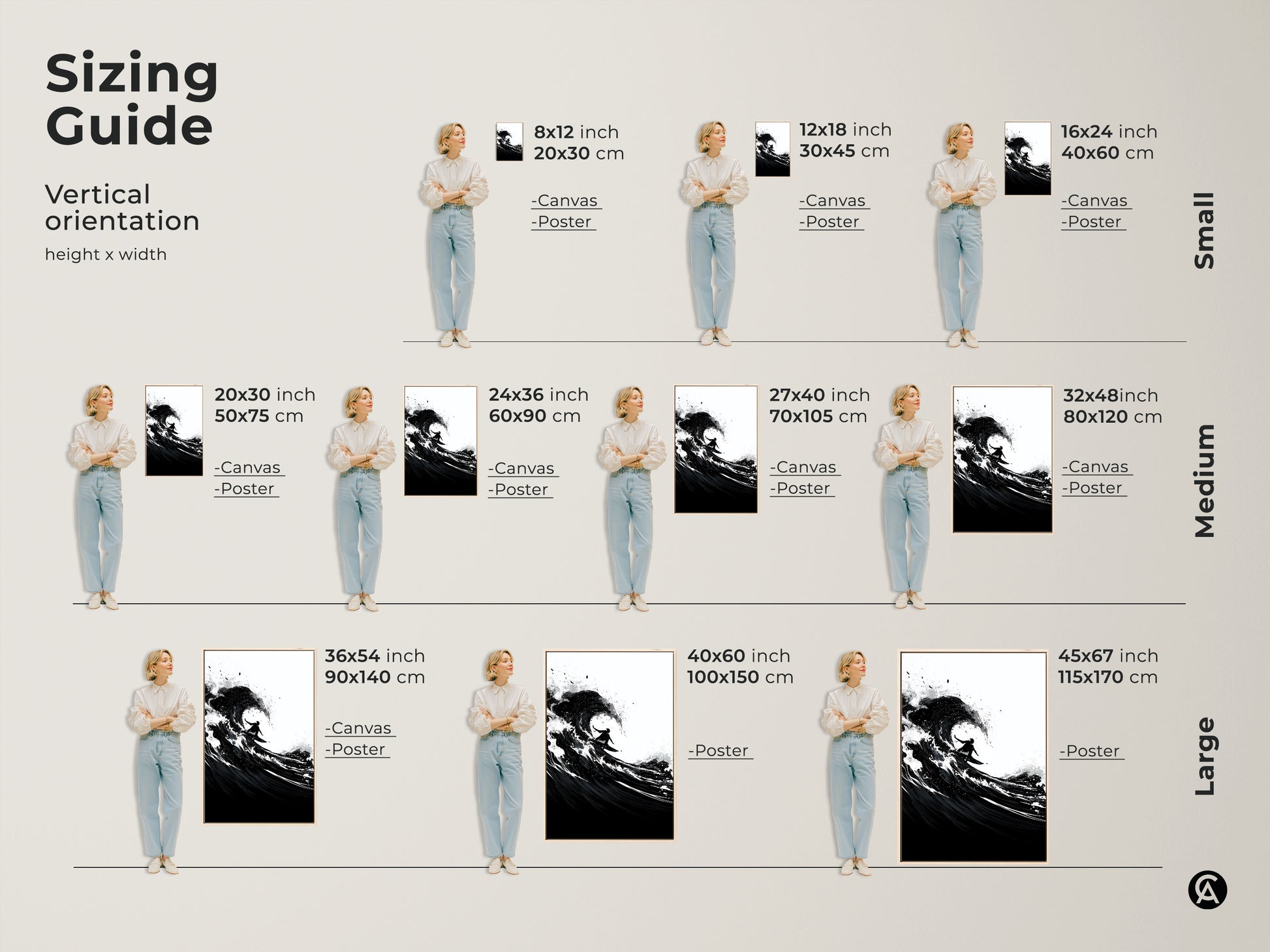 Sizing guide for vertical abstract surfer canvas and poster art. Visualize different sizes to perfectly fit your space. Find the ideal monochrome art for your home decor.