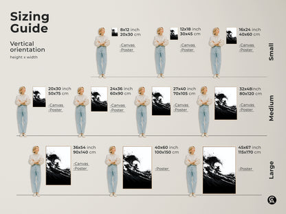 Sizing guide for vertical abstract surfer canvas and poster art. Visualize different sizes to perfectly fit your space. Find the ideal monochrome art for your home decor.