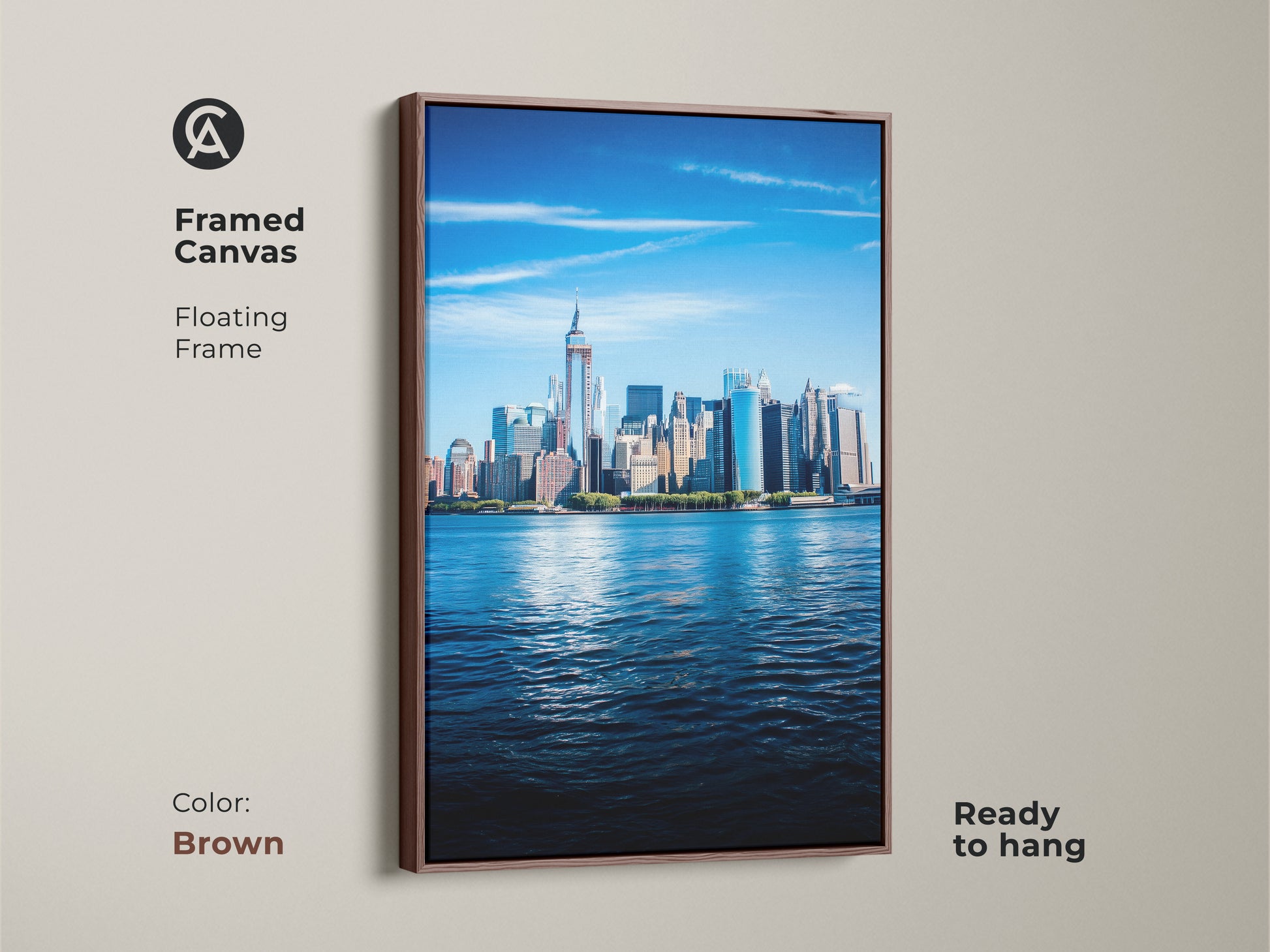 Framed canvas of the NYC skyline art with a floating brown frame. This ready to hang cityscape is modern home office art. It features a contemporary urban decor with azure skyline.