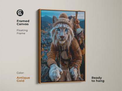 Lynx mountain explorer framed canvas in Antique Gold. The blue eyed cat adventurer wall art brings nature indoors. Ready to hang for any animal lover looking for forest animal art. This eclectic home decor lynx painting is a cozy winter animal artwork. A great rustic mountain cabin decor.