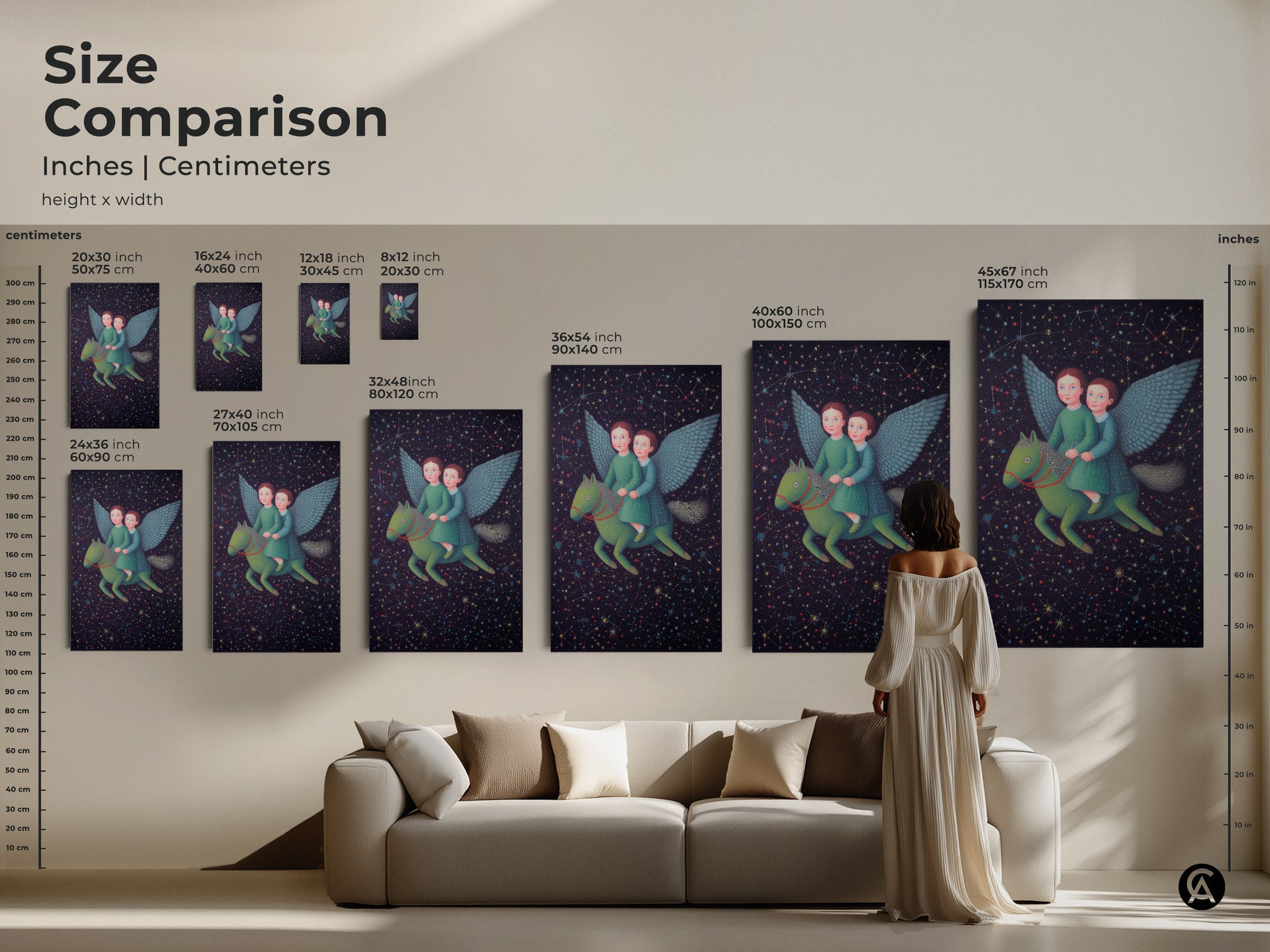 A size comparison of the children riding Pegasus art print. Available in inches and centimeters. See how the artwork fits above a sofa. The celestial starry night sky artwork will bring wonder to any room. Fantasy kids room decor at its finest.