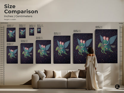 A size comparison of the children riding Pegasus art print. Available in inches and centimeters. See how the artwork fits above a sofa. The celestial starry night sky artwork will bring wonder to any room. Fantasy kids room decor at its finest.