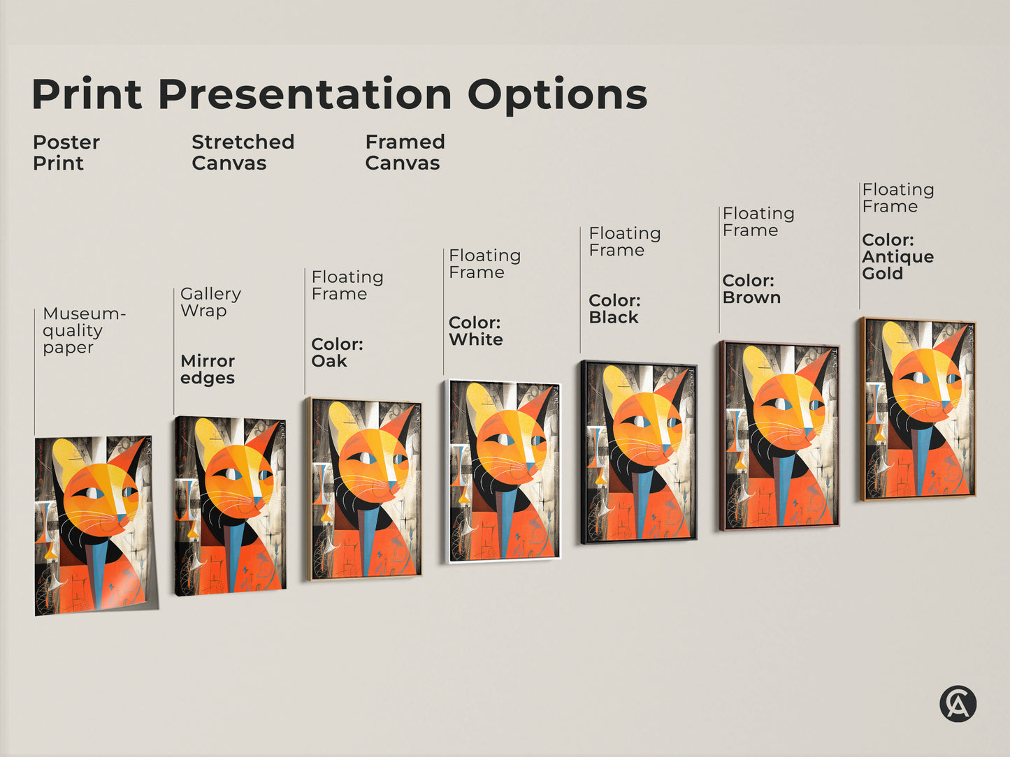 Explore print presentation options for abstract cat artwork. Choose from poster print stretched canvas or framed canvas. Each option showcases the orange and yellow cubist feline in museum-quality.