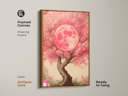 Antique Gold framed canvas displaying a Pink Moon Tree. The floating frame enhances the fuchsia floral nature art. Ready to hang dreamy botanical wall decor for art enthusiasts. Consider this piece.