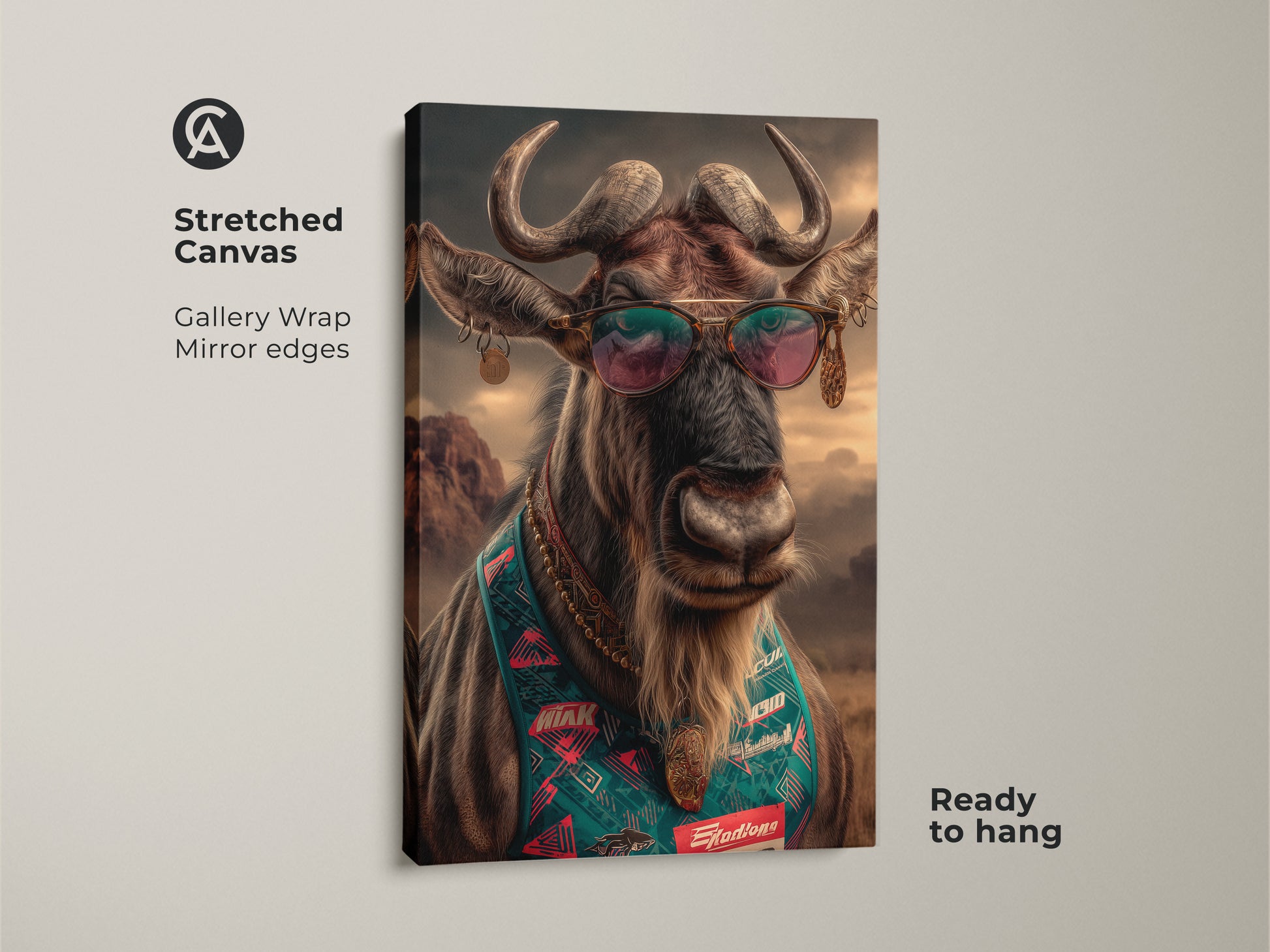 Stretched canvas art featuring a wildebeest with sunglasses. Retro pop art animal print. Gallery wrapped with mirrored edges. Wildlife portrait canvas art. Ready to hang eclectic entryway decor.
