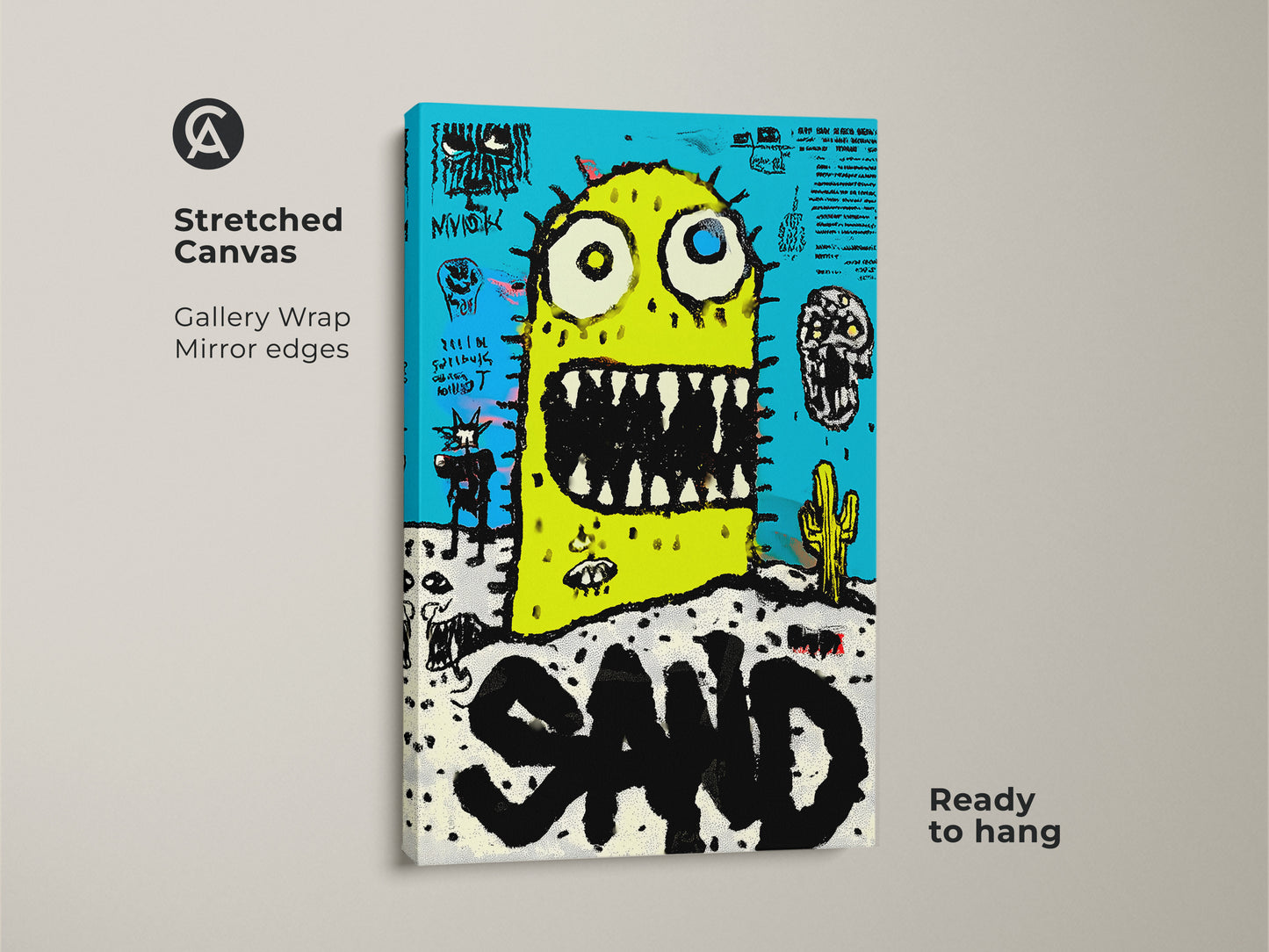 Stretched canvas print featuring a fun monster in the desert. Gallery wrap with mirror edges. The artwork is ready to hang. It showcases a yellow monster against a bright blue background. The art is playful and vibrant. Perfect for adding a unique touch to your home decor. Explore our collection today.