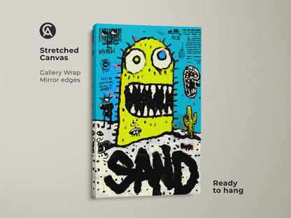 Stretched canvas print featuring a fun monster in the desert. Gallery wrap with mirror edges. The artwork is ready to hang. It showcases a yellow monster against a bright blue background. The art is playful and vibrant. Perfect for adding a unique touch to your home decor. Explore our collection today.