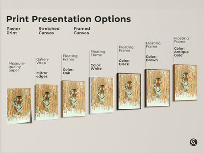 Explore print presentation options for wildlife art. Poster and stretched framed canvas selections for tiger in winter reeds artwork. Choose from gallery wrap floating frame and museum quality paper. Different colors of frames oak white black brown and antique gold