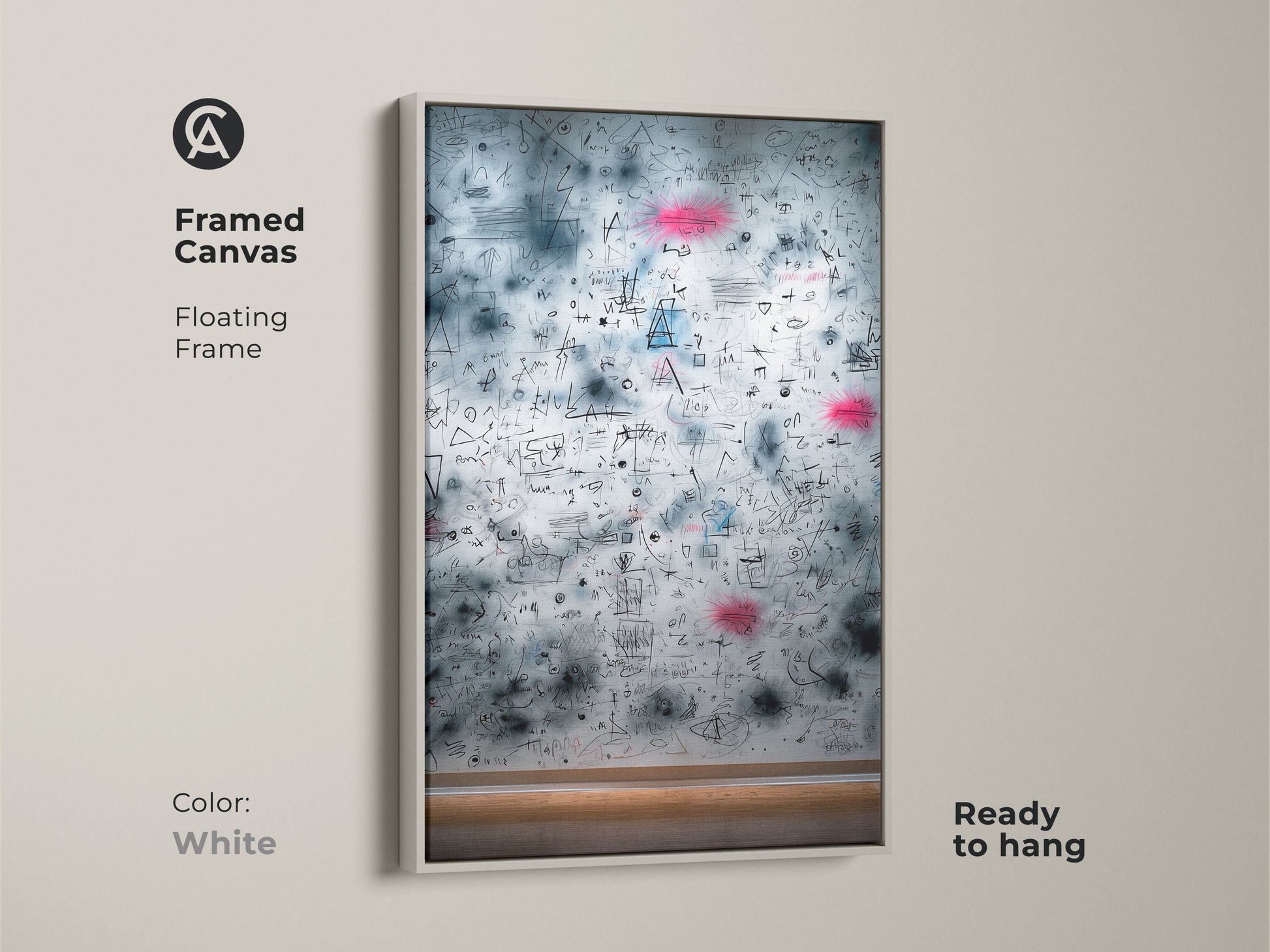 White framed canvas print showcasing abstract math equations. The floating frame gives a clean modern look. This stylish artwork is ready to hang. It complements any interior with its simplicity.