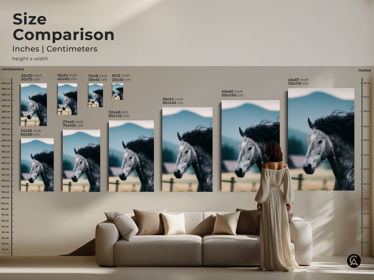 Compare sizes of this striking monochrome horse print. From small to large see how this equestrian canvas art transforms any space. Ideal rustic horse wall decor for animal lovers and farmhouse bedrooms.