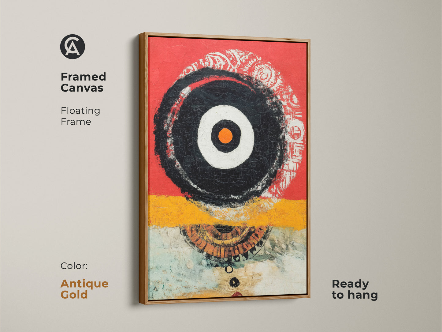 Geometric abstract art in a framed canvas with an antique gold floating frame. The red yellow and black artwork creates an eclectic feel. Its ready to hang. This piece brings a touch of modern sophistication. Perfect for a contemporary study or office space. A unique wall art.