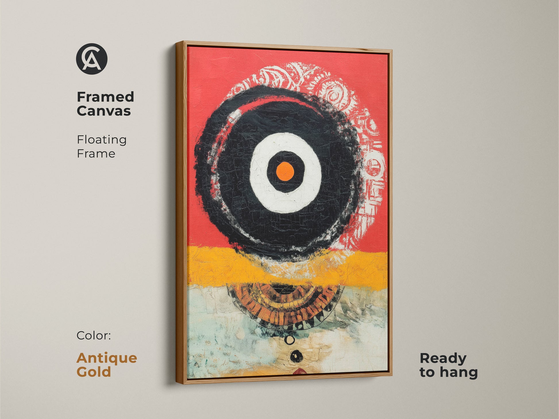 Geometric abstract art in a framed canvas with an antique gold floating frame. The red yellow and black artwork creates an eclectic feel. Its ready to hang. This piece brings a touch of modern sophistication. Perfect for a contemporary study or office space. A unique wall art.