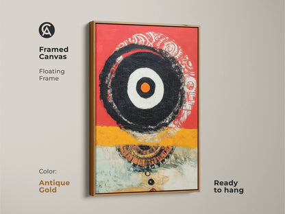Geometric abstract art in a framed canvas with an antique gold floating frame. The red yellow and black artwork creates an eclectic feel. Its ready to hang. This piece brings a touch of modern sophistication. Perfect for a contemporary study or office space. A unique wall art.