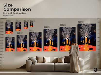 Size comparison of Tree of Life & Eye artwork in inches and centimeters. See how different sizes fit above a couch. This cosmic night sky print is perfect for any room. Choose the ideal dimensions for your abstract fantasy art. A unique statement for lovers of spiritual eye prints.