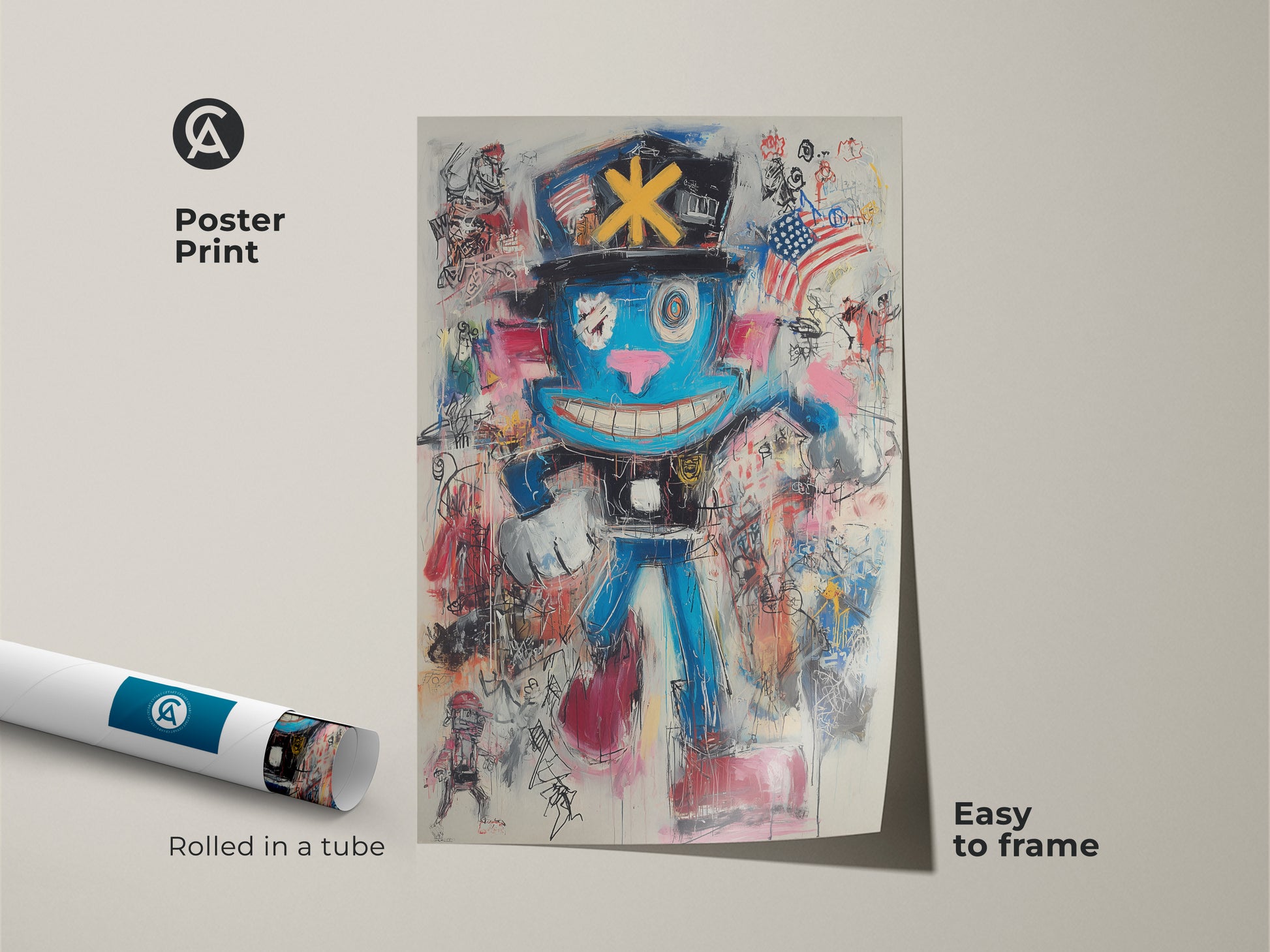 Framed Canvas in Black featuring graffiti character art. The blue red pink eclectic art print is ready to hang. This urban character painting adds a bold statement to a modern home office. It's a unique wall hanging.