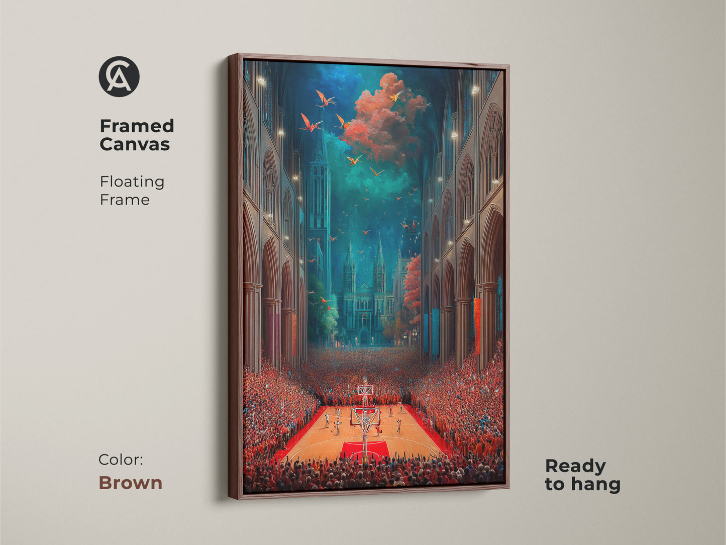 Framed canvas displays surreal basketball cathedral art in a brown floating frame. This artwork merges gothic architecture with a sports theme. It is an eclectic piece for decorating any space. Buy unique office sports decor here.