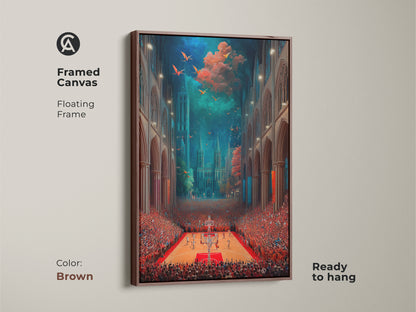 Framed canvas displays surreal basketball cathedral art in a brown floating frame. This artwork merges gothic architecture with a sports theme. It is an eclectic piece for decorating any space. Buy unique office sports decor here.